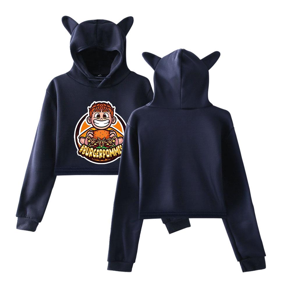 Icrimax Burgerpommes Pullover Girls Casual Cat Cropped Hoodies Female Long Sleeve Sweatshirts Crop Top Women's Hoodie Sexy Tops