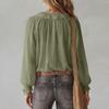 Women's  Fashionable Color V-neck Long Sleeved Tied Loose Shirt Top
