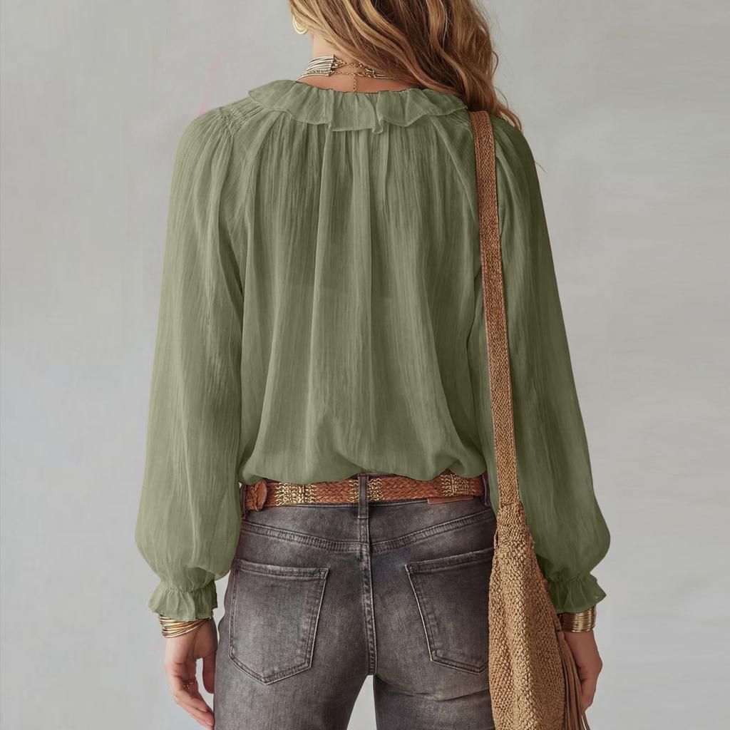 Women's  Fashionable Color V-neck Long Sleeved Tied Loose Shirt Top