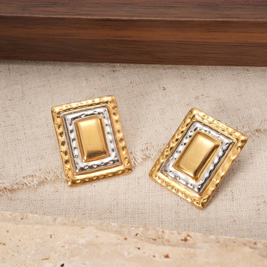 Gold and Silver Stainless Steel Ear Studs with Color Block Design