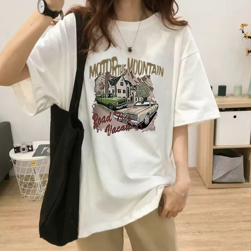Summer new cartoon printed cotton five-quarter sleeve T-shirt women's loose large size casual fashion versatile top