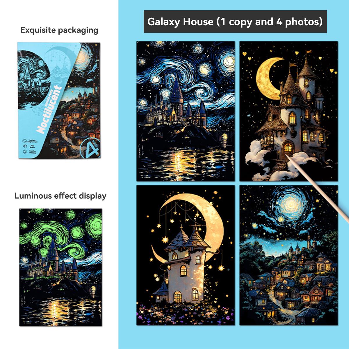 

4 Pcs/Set A5 Noctilucent DIY Colorful Scratch Painting Castle Lanscape Cute Animal Night View Manual Scratch Painting Drawing