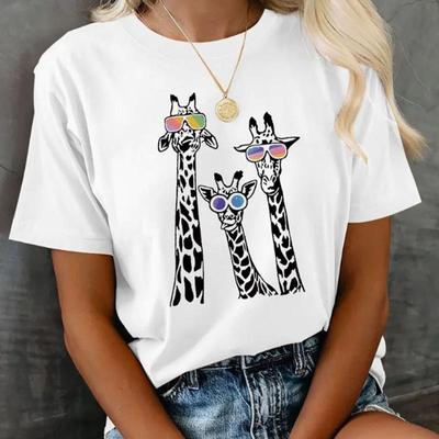 T-shirt à manches courtes et col rond pour femme, imprimé de lunettes de girafe, humoristique et décontracté, à la mode, pour l'été