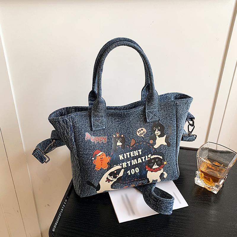 2025 New Trendy Cartoon Cat Print Denim Bucket Bag Versatile Casual Commuter Large Capacity Crossbody Shoulder Bag for Women
