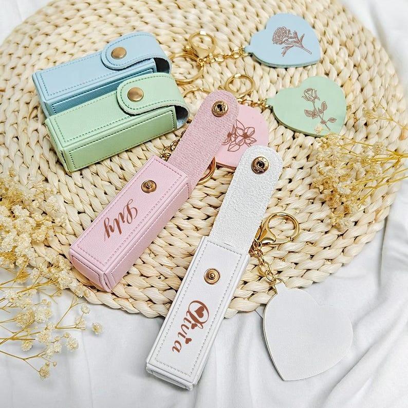 Custom Print Women Mini Portable Lipstick Storage Case Keychain Lipstick Bags With Heart Mirror