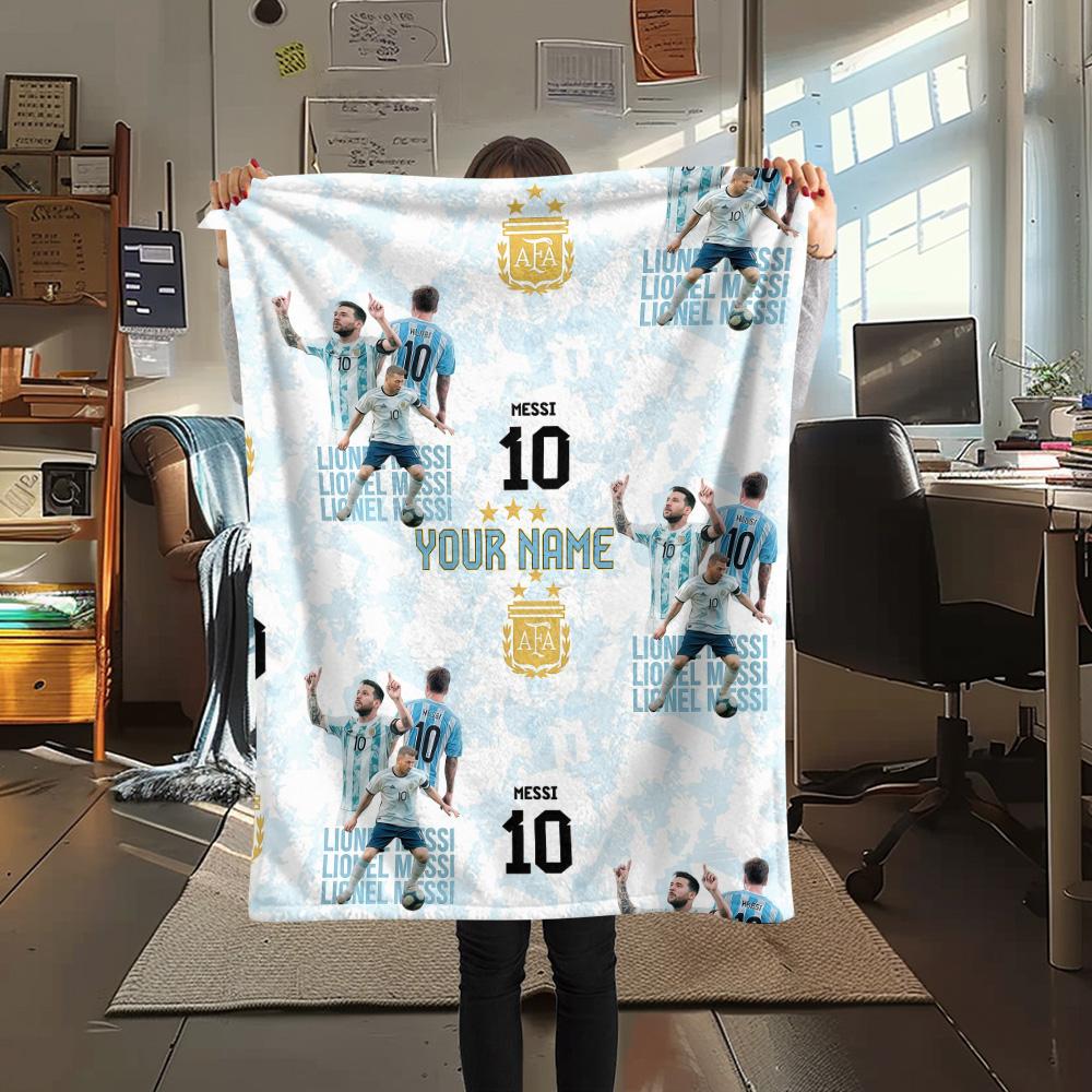 1PC Messi Custom Name Patterned Flannel Blanket Suitable For All Seasons For Home Decor Warmth And Comfort Gifts Holiday Present