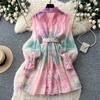 Herbst Notched Collar Print Blume Feiertag Kurzes Kleid 2026 Neu Boho Damen Einreiher Leinen Laternenärmel Gürtel Hemdkleid