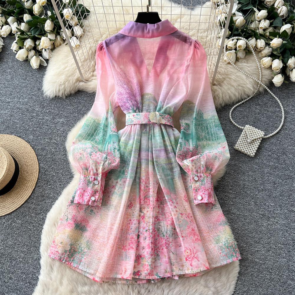 Herbst Notched Collar Print Blume Feiertag Kurzes Kleid 2026 Neu Boho Damen Einreiher Leinen Laternenärmel Gürtel Hemdkleid
