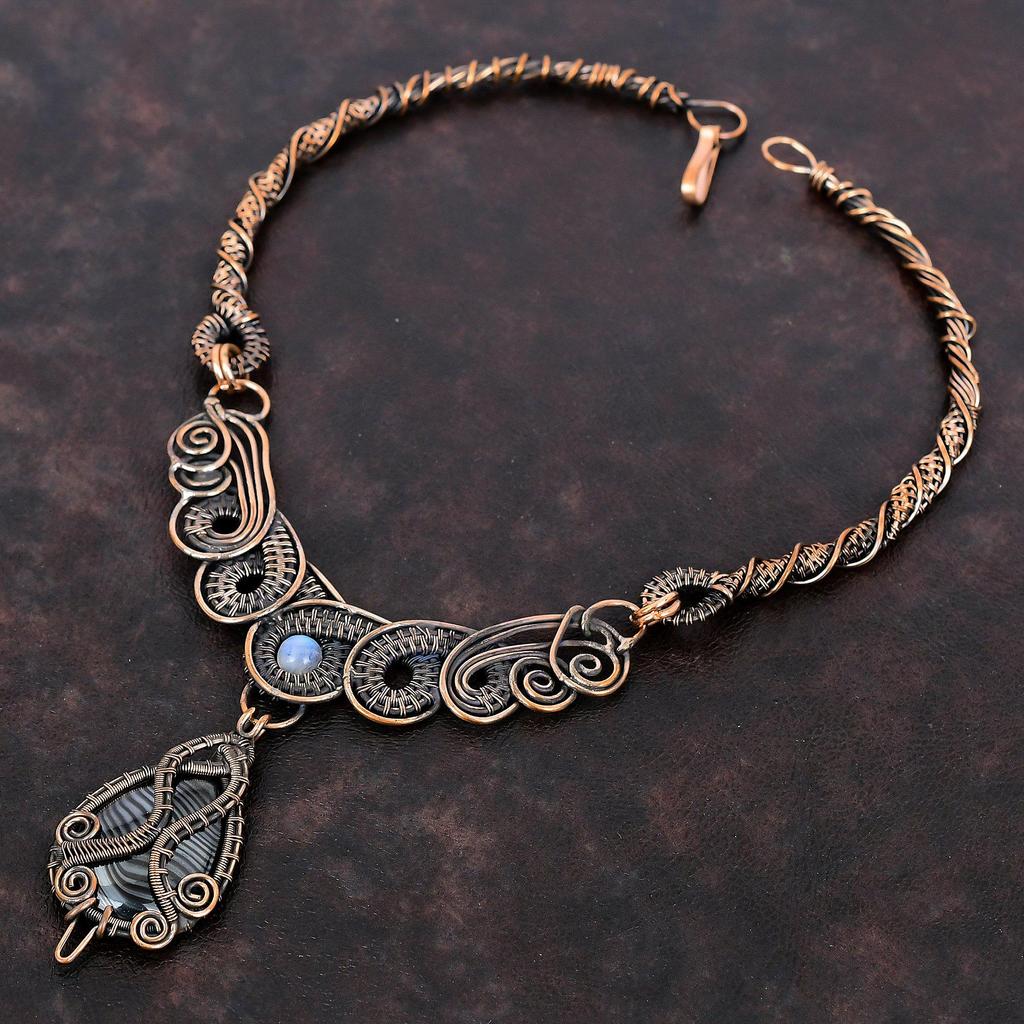 Psilomelane Necklace Copper Wire Wrapped Necklace Handmade Rainbow Moonstone Necklace Designer Necklace Wedding Gift Gemstone Copper Jewelry