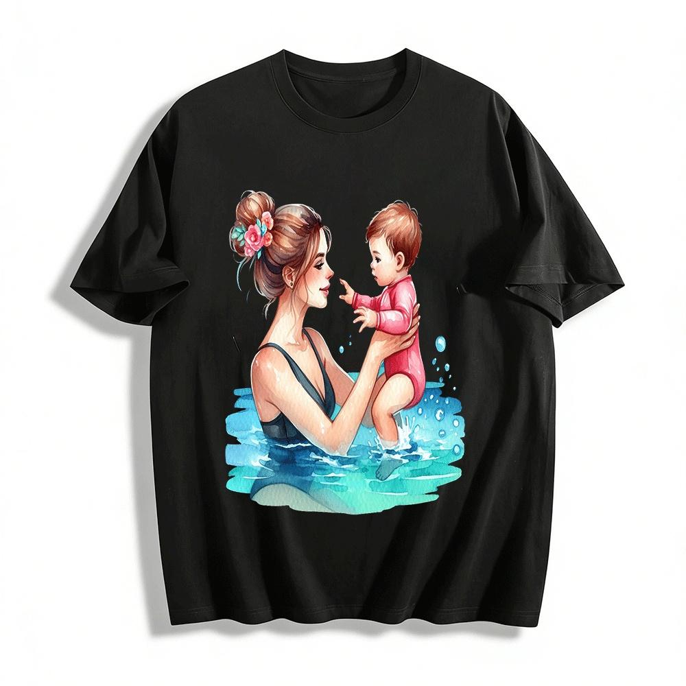 Parent-child Swimming Warm Interaction Printed Adult Top Pure cotton T-shirt XXS