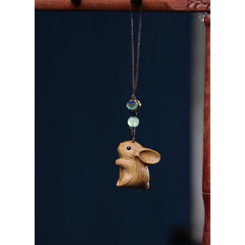 Rosewood Boxwood Green Sandalwood Carved Rabbit Phone Charm Pendant