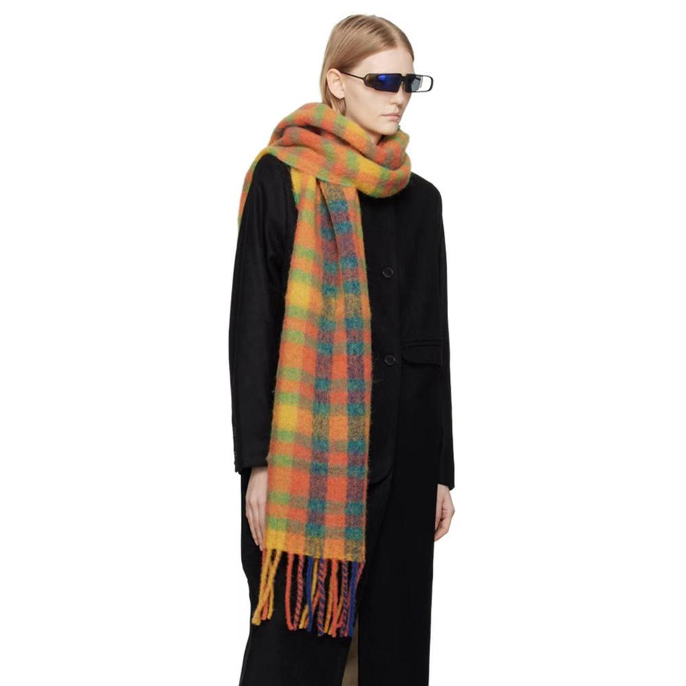Wool Blended Dopamine Orange Plaid Scarf for Women Autumn and Winter Soft Warm Scarf