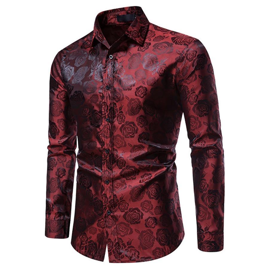 Men's Long Sleeve Fashionable Shirt Rose Print Casual Button Shirts Men Lapel Spring Formal Clothing