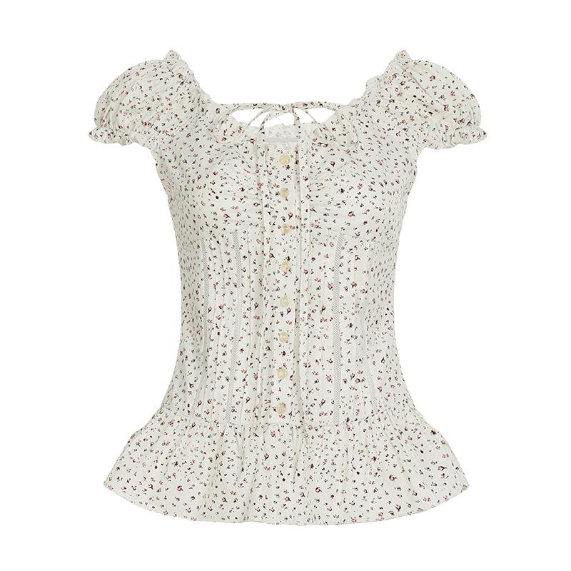 

Женская летняя блузка с цветочным принтом, плиссированными бретелями, полым узором, рукавами-пузырями, на пуговицах, кардиган L