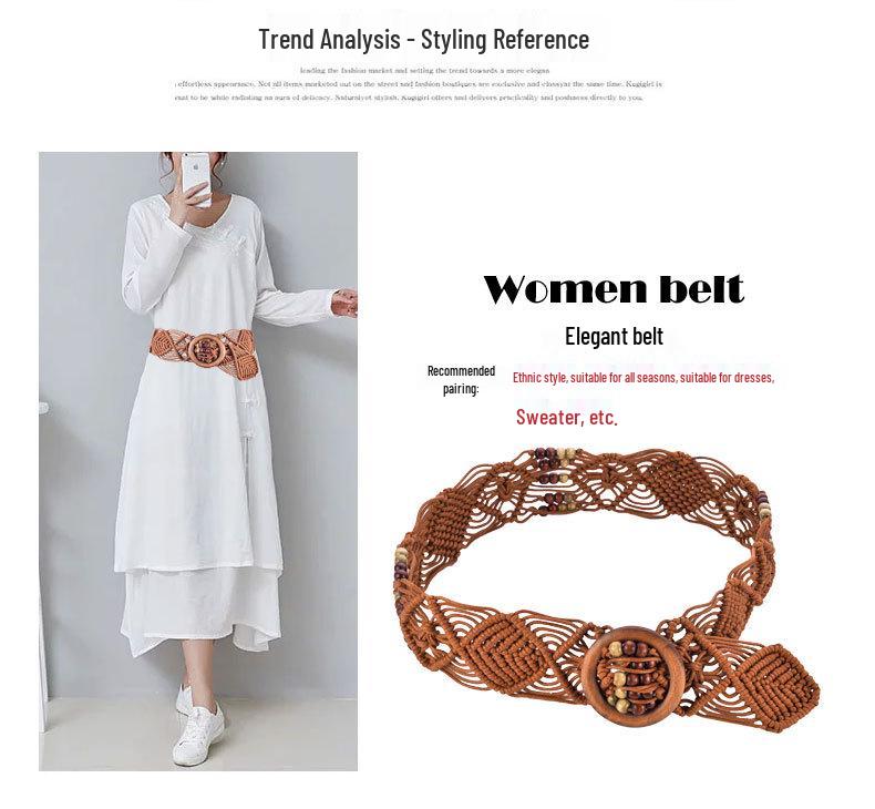 Ethnic Handmade Wax Rope Belt with Wood Buckle and Beads
