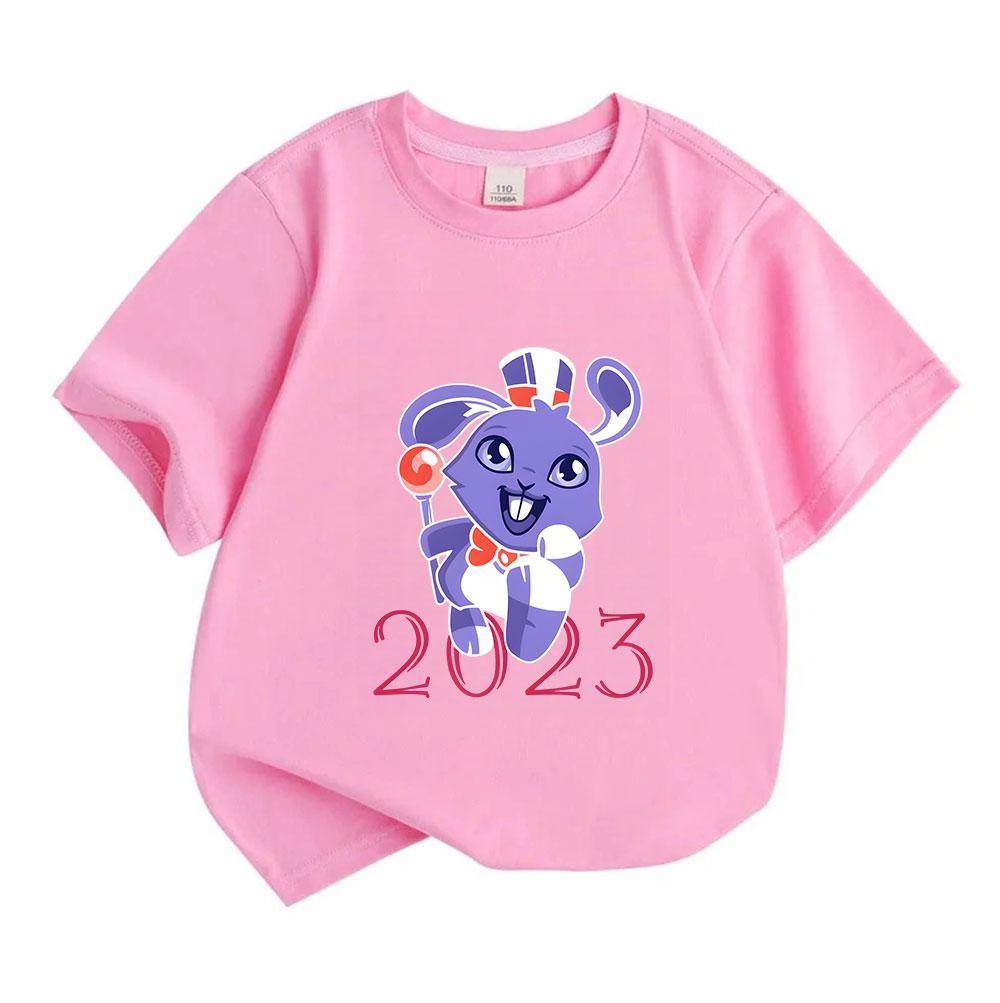 2023 Year of the Rabbit Cute Purple Bunny Lollipop Graphic T-Shirt for Boys Girls 100% Cotton Casual O-Neck Short Sleeve Soft Breathable Kids Summer T