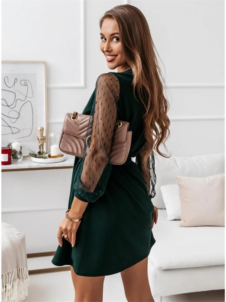 V Neck Lace Long Sleeve Women  Dresses High Waist Splicing Dress Girl Cocktail Evening Dresses