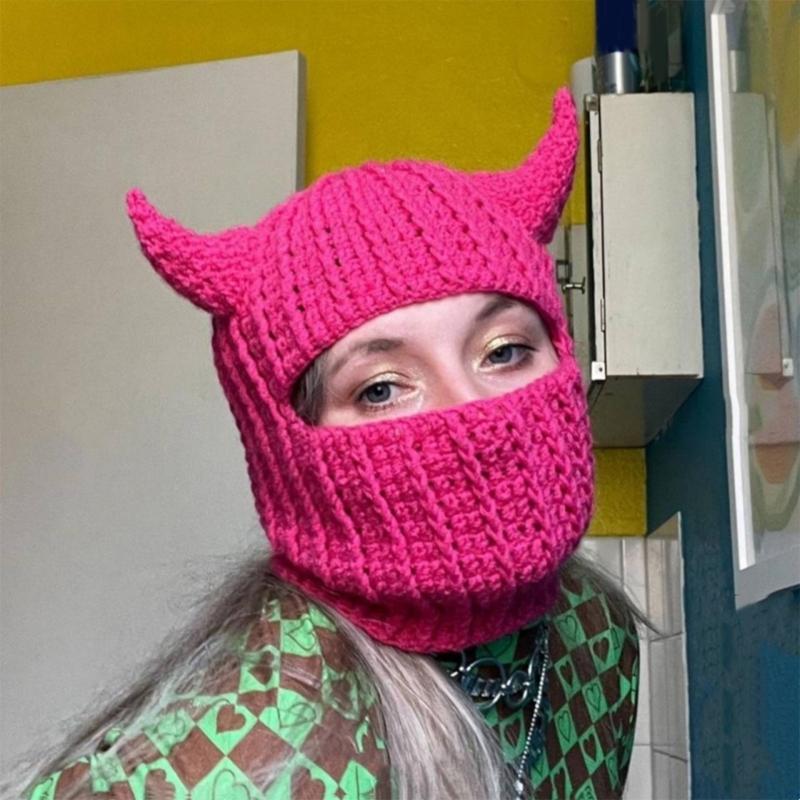 Novelty Devil Horn Face Cover Hat Knit Balaclava Cap for Women Men Winter Warm Hat Adult Halloween Costume Role Play Cap