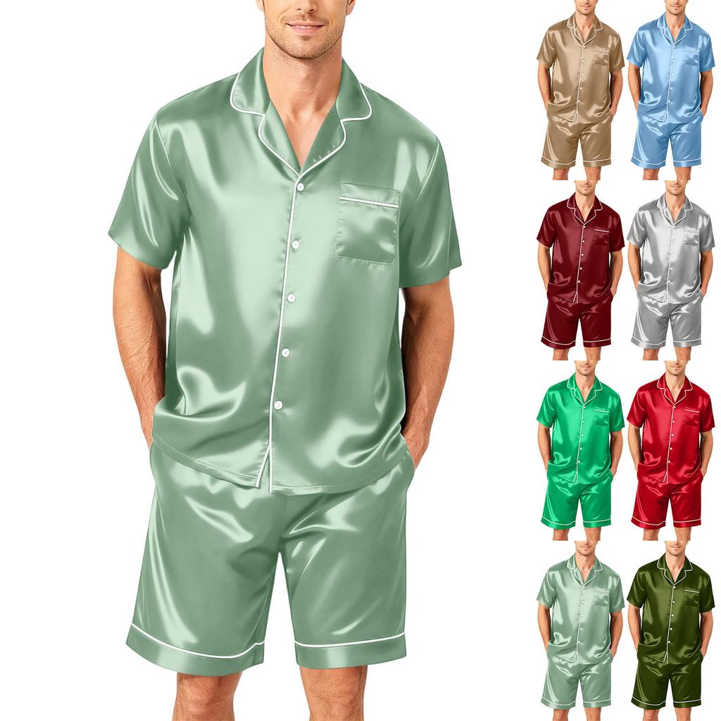 Men's Short Sleeve Pajama Set Button Down Shirt with Curved Hem and Matching Shorts Soft Lightweight Lounge Sleepwear S-XXXXL