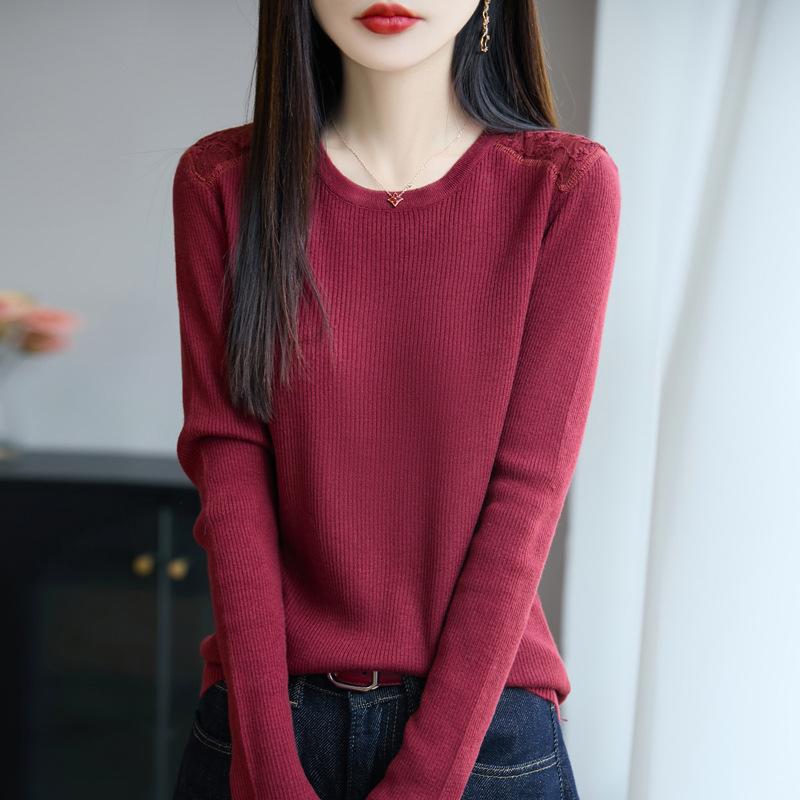 Spring and Autumn New Round-neck Knitted Sweater, Long-sleeved Women's Lace Crocheted Sweater Base Layer Top