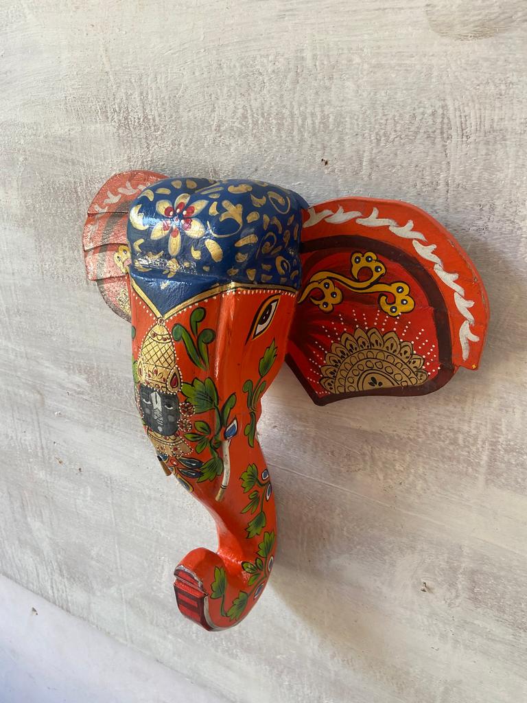 Hand Painted Wooden Elephant Mask: Shrinathji Pichwai Art Wall Hanging