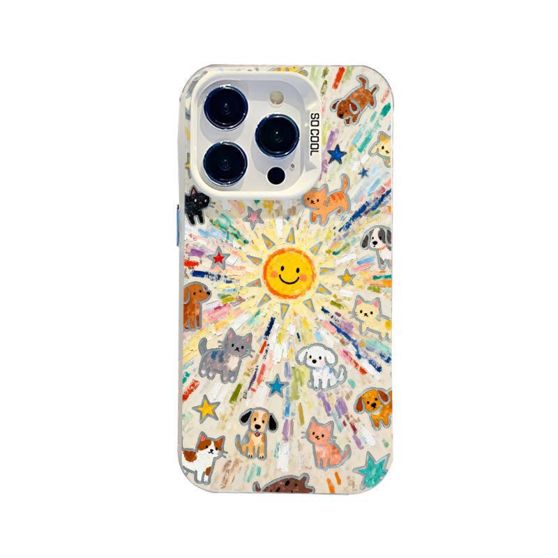 Compatible Silver Explosion Design Case for iPhone 17 Pro Max, iPhone 15, and iPhone 14 Plus with Sun, Cat, and Dog Graphic