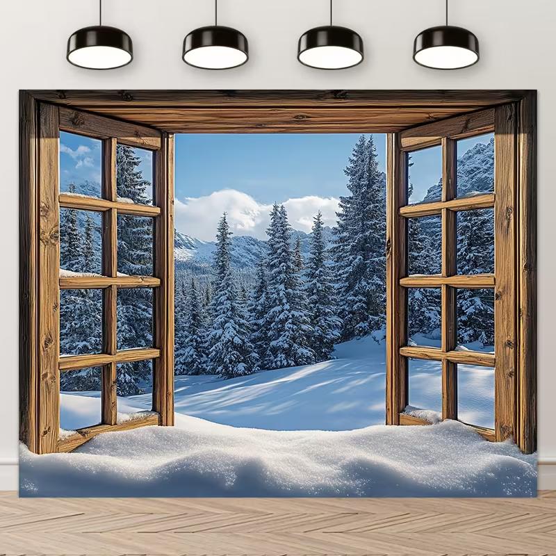 2D Rustic Window Snowy Forest Backdrop Winter Landscape Portrait Photography Background