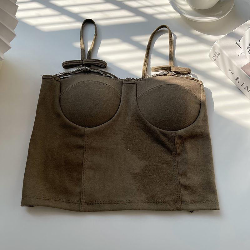One-piece Cup Anti-slip Camisole Vest For Women Sweet And Hot Sexy Ruched Diamond Decorated Base Layer Inner Wear Bandeau Underwear