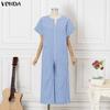 VONDA Womens V Neck Short Sleeve Casual Gingham Plaid Loose Long Wide Leg Jumpsuit Rompers