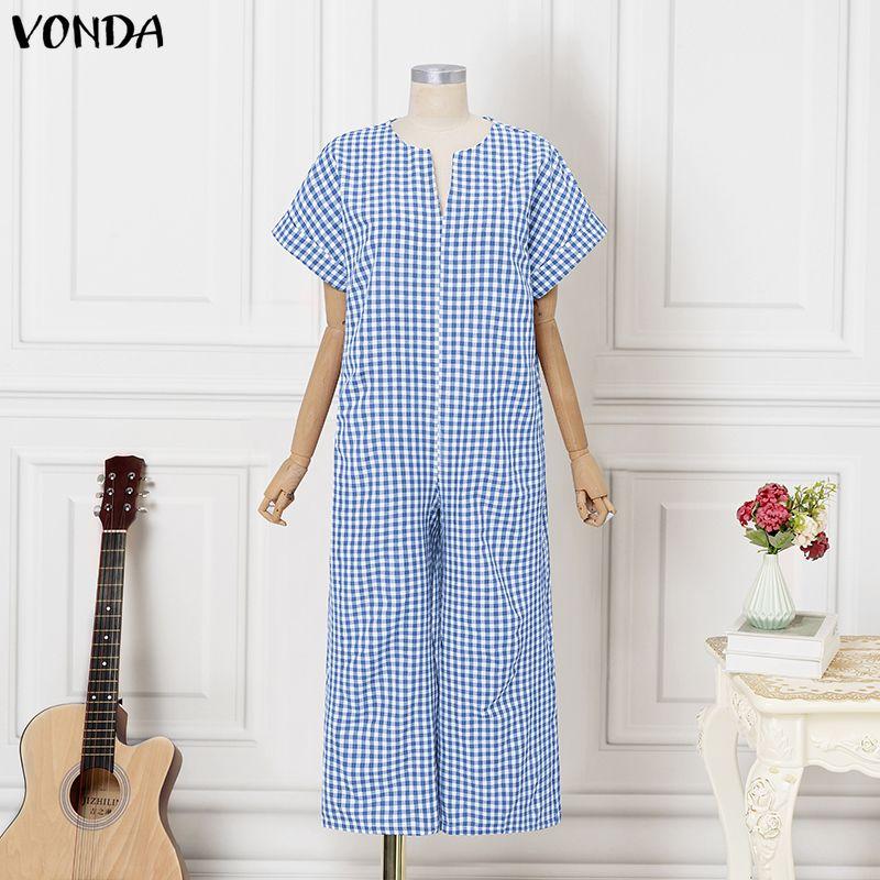 VONDA Womens V Neck Short Sleeve Casual Gingham Plaid Loose Long Wide Leg Jumpsuit Rompers