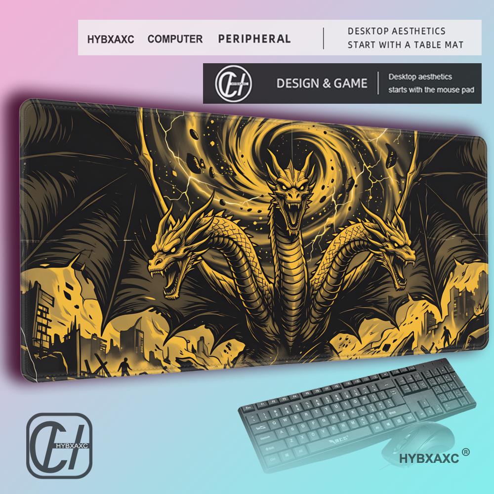HYBXAXC King Ghidorah Dragon DeskMat Monster Zero Gold Black MousePad Three Headed Kaiju Extended Gaming Mat Retro Comic Tech 800x400x2mm
