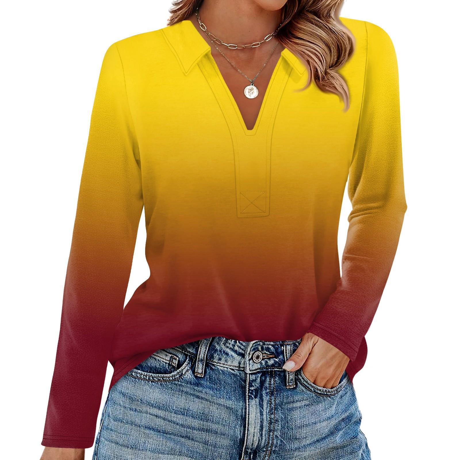 

Женская Мода Повседневный Лацкан Короткий Длинный Рукав Принт Рубашка Женские Топы с V-образным вырезом XL жёлтый