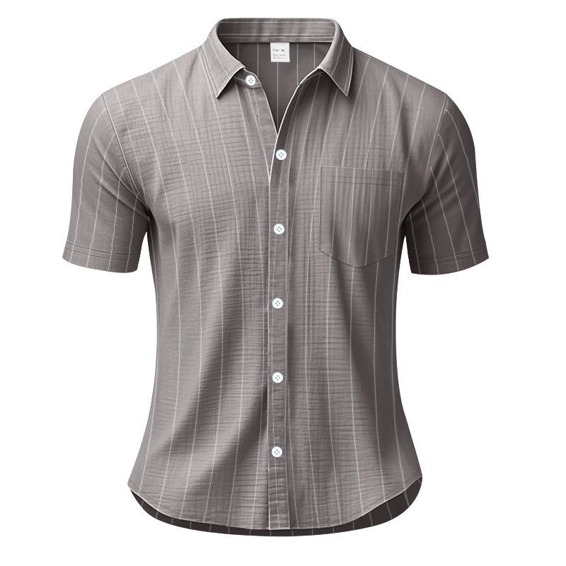 Linen Jacquard Shirt with Vertical Stripes Men's Collared Button-Down Loose-Fitting, Breathable Casual Short-Sleeved Shirt