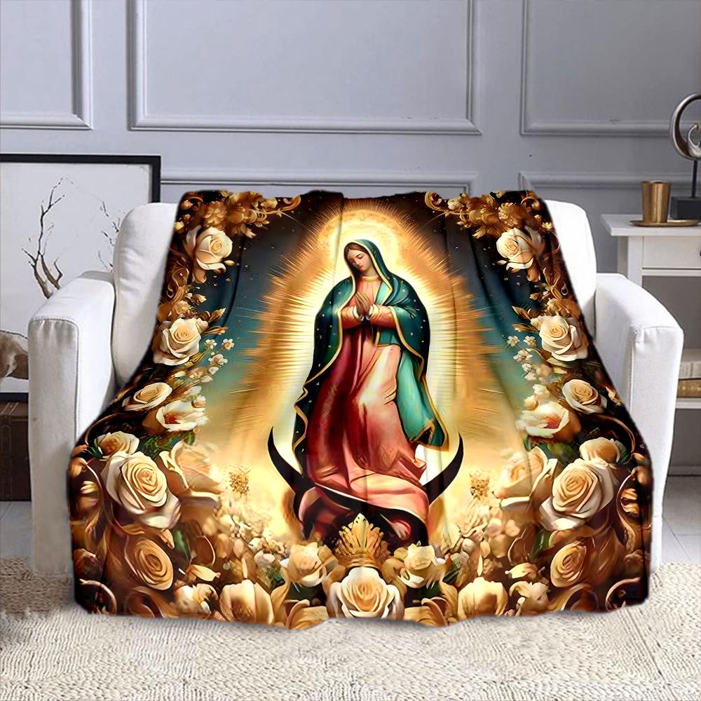 "Virgin Mary with Golden Floral Halo" Patterned Flannel Blanket Perfect for the Bedroom Living Room, Sofa, or a Little Nap