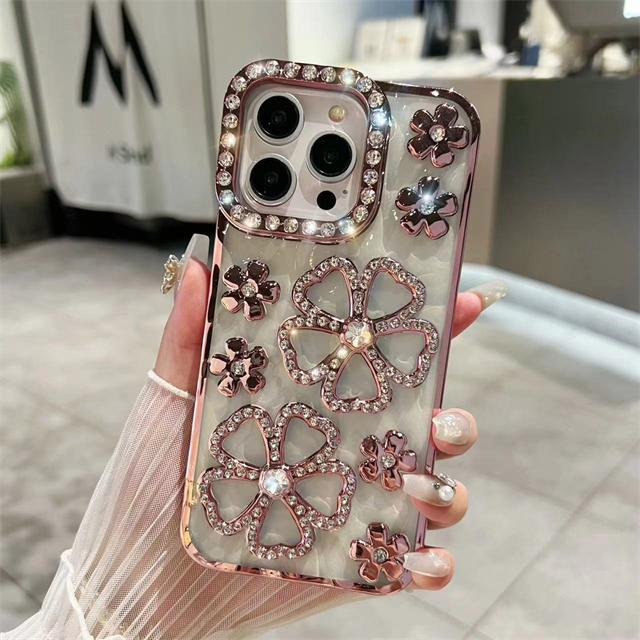For iPhone 15 Pro Max Luxury Flowers Flash Diamond Plating Frame Phone Case For iPhone 11 12 13 14 16 Plus Soft Rhinestone Cover