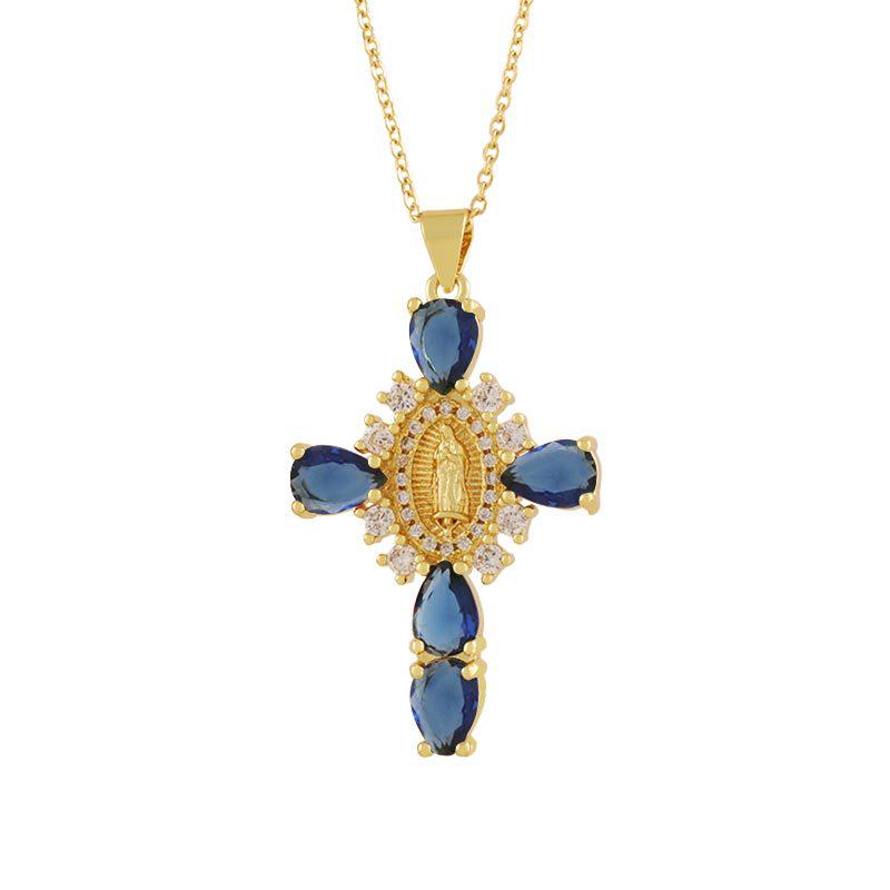Copper Plated 18K Gold Cross Pendant Necklace with Multi-color Zircon Embellishments