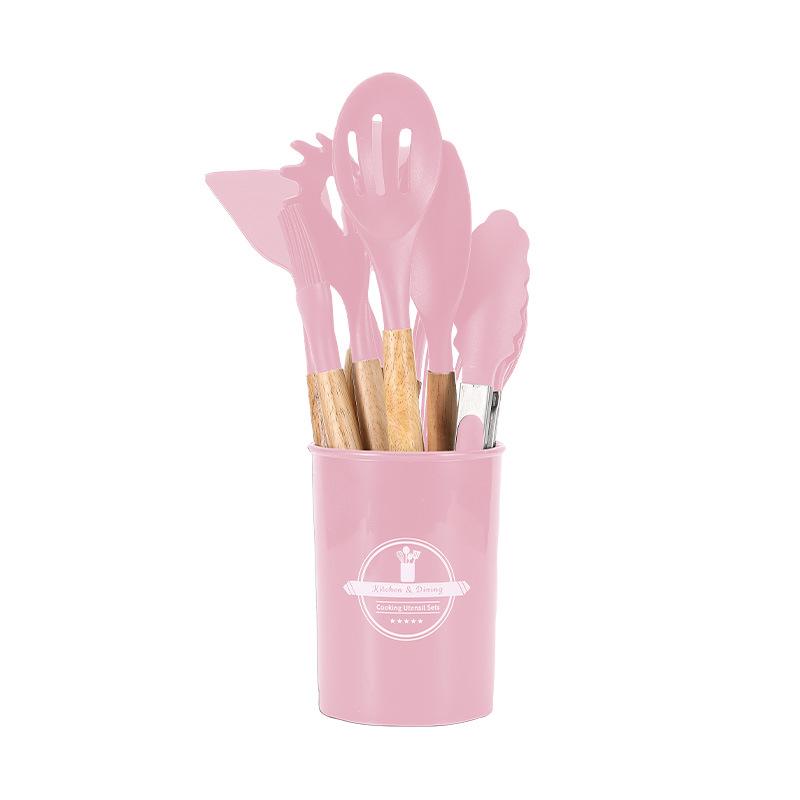 12dílná silikonová sada kuchyňského náčiní s dřevěnými rukojeťmi a úložným kbelíkem