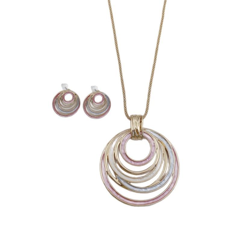New Enamel Color Hollow Ring Stud Earrings Pendant Set Women's Fashion Simple Ring Necklace Set