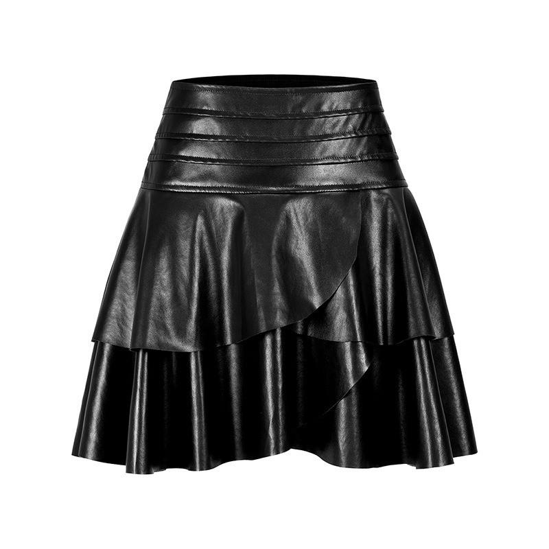 Qooth Elegant Women A Line Irregular PU Pleated Skirt Slim Mini Length Zipper Waist Casual Skirt QT2740
