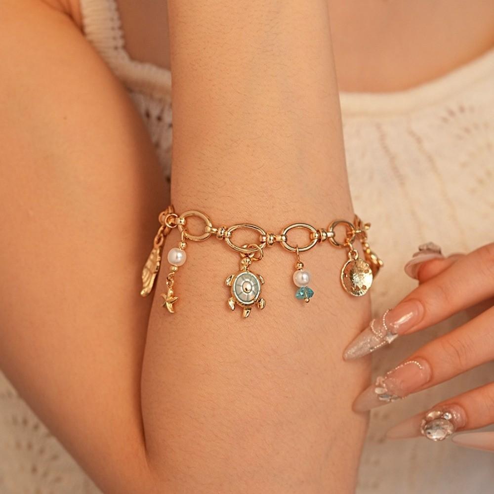 Zinc Zinc Alloy Rhinestone Pearl Starfish Beaded Bracelet Shell Beaded Hand Chain  Girls Couple Gift