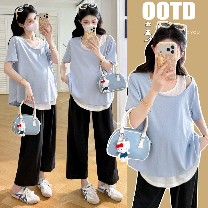 2026 Spring/Summer Plus Size Maternity Patchwork Top - Short Sleeve Trendy Mom Fashion