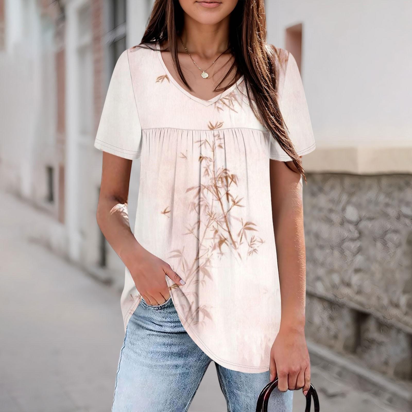 

Women s Casual V-neck Short-sleeved Chest Pleated Short-sleeved Top S рожевий
