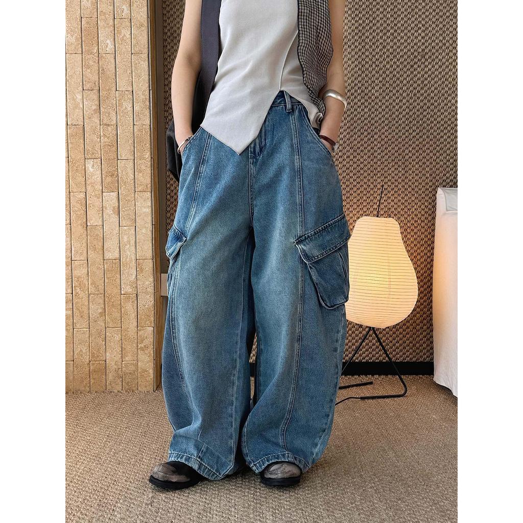 Women's 3D Patchwork Cargo Jeans with Large Pockets - Loose Wide-Leg Style for Spring/Summer Streetwear