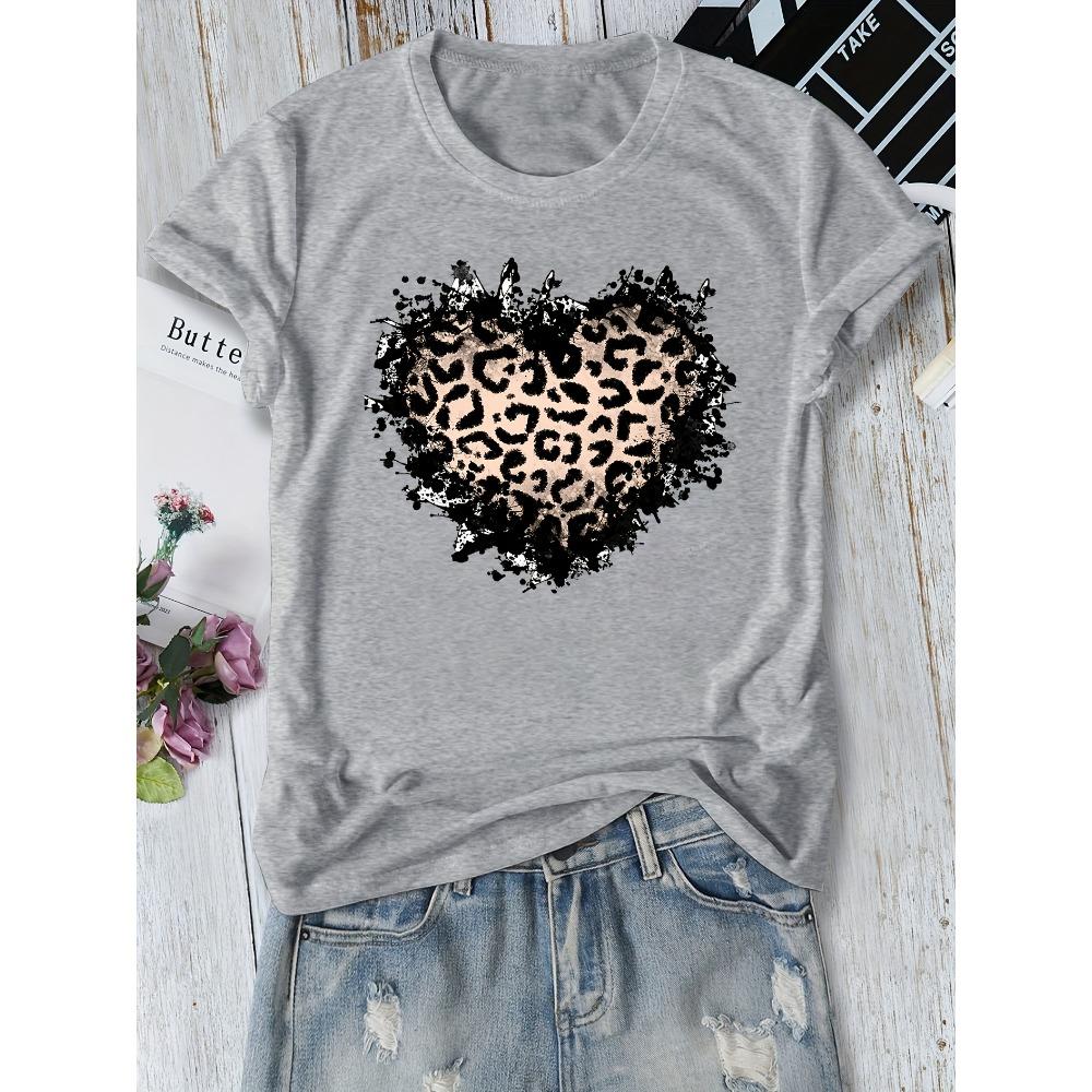 Women Cotton Short Sleeves T-shirts Leopard Print Heart Women s Tee Edgy Graphic Casual Trendy Top S