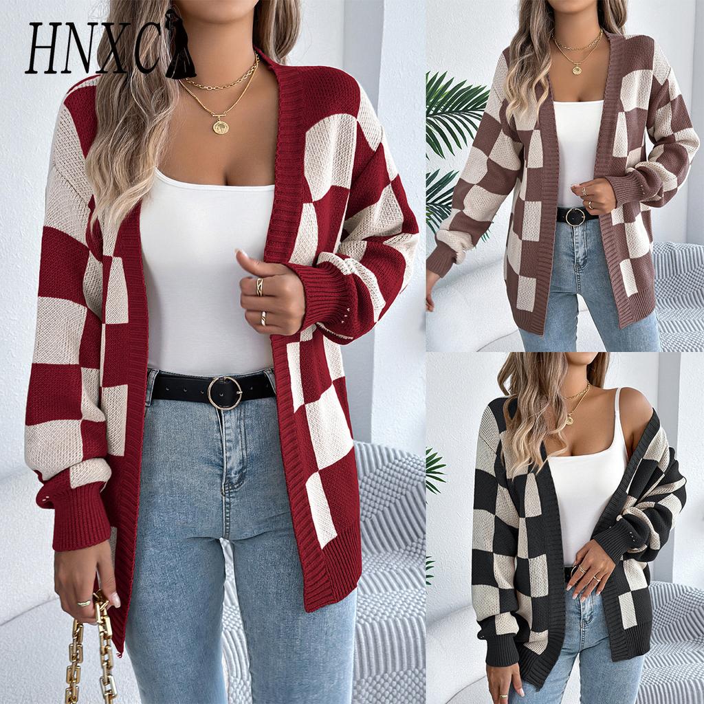 HNXC Autumn and Winter Color-blocking Checkered Lantern Sleeve Cardigan Sweater Mid-length Coat Women's Wear