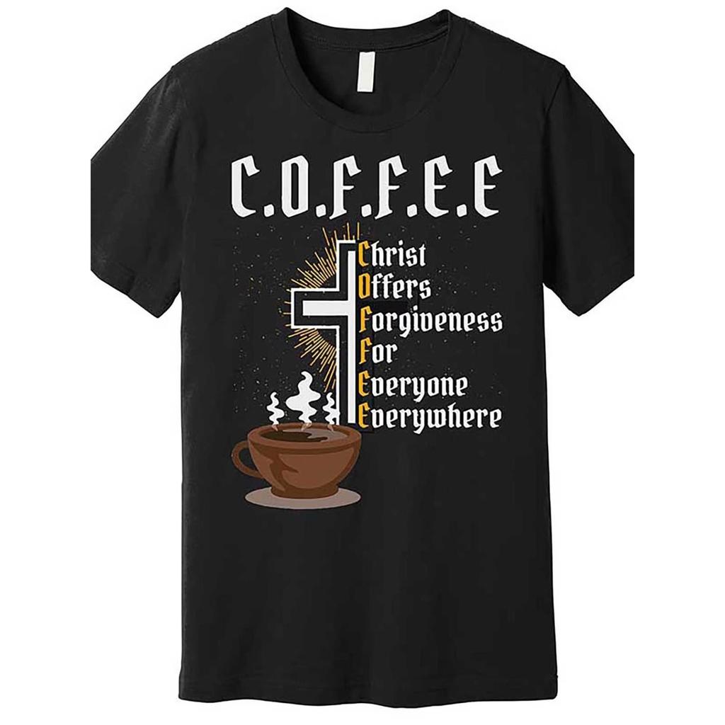 Men's & Unisex Black Faith T-Shirt - "Coffee Christ Offers Forgiveness To All, Wherever You Are" Religious Message, Soft Breathable Cotton,Casual Wear