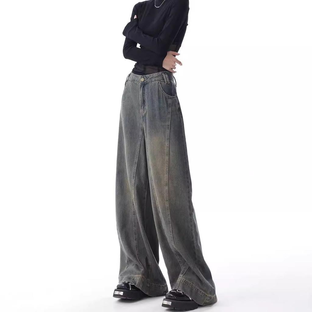 Spring and Autumn American Retro Washed Wide-leg Jeans Women's High-waist Mopping Pants Straight Pants