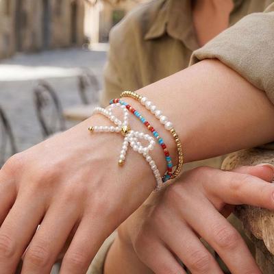 Literarischer Sanfter Stil Schleife Retro Farbblock Reiskorn Perlen Mehrlagiges Armband