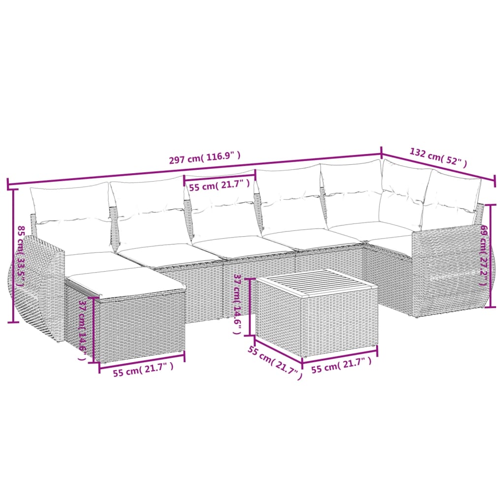 8 piece Garden Sofa Set with Cushions Beige Poly Rattan