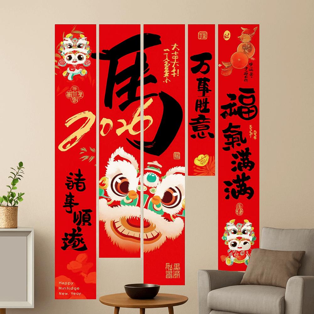 5Pcs/Set Chinese Style 2026 New Year Hanging Cloth Traditional Year of Horse Flags  Festival